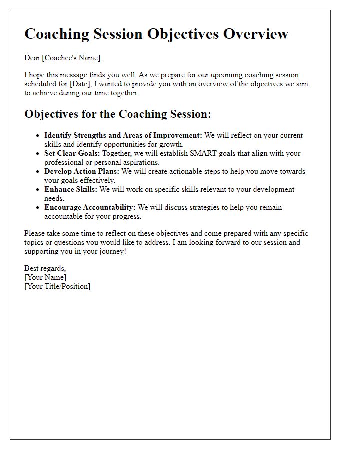 Letter template of overview for coaching session objectives