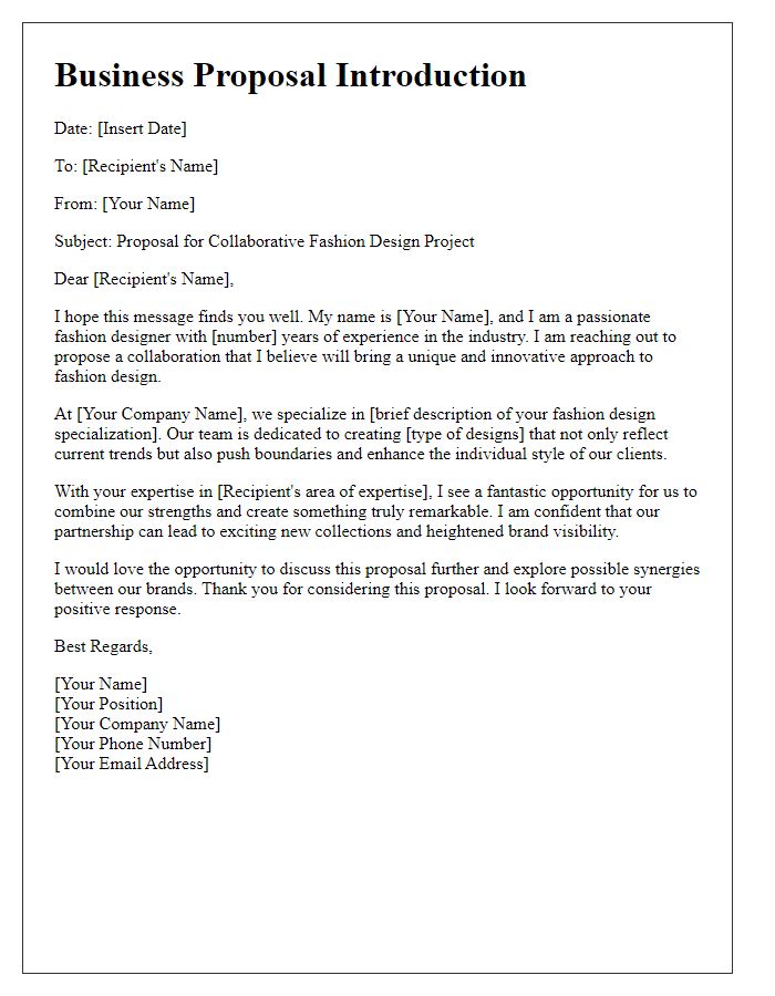 Letter template of fashion design business proposal introduction