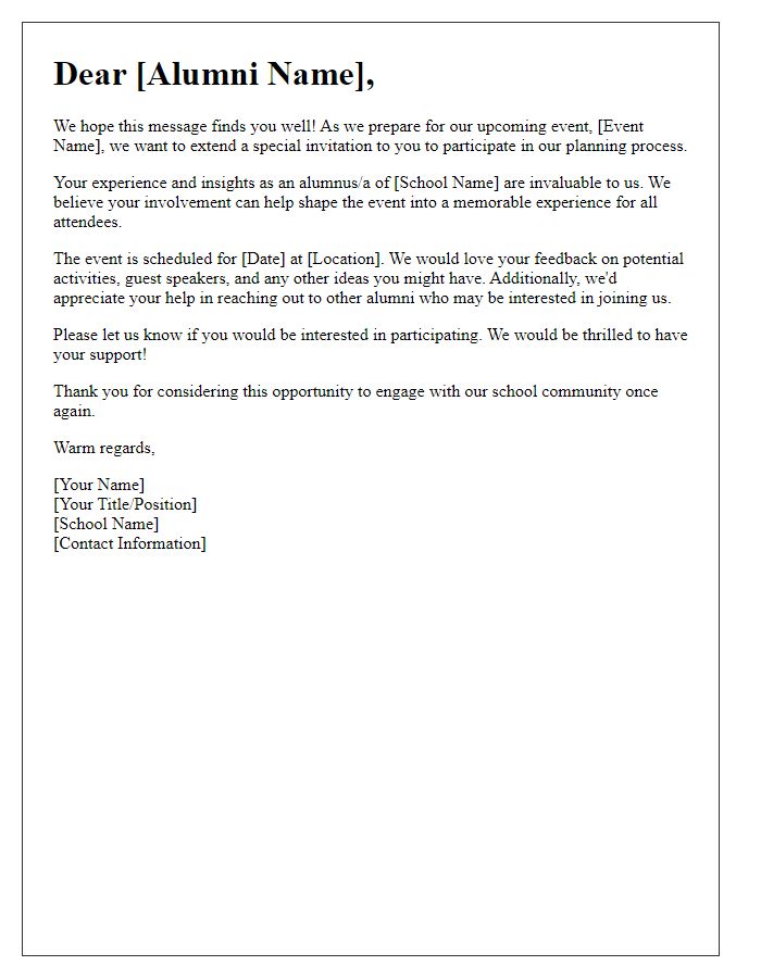 Letter template of alumni engagement in school event planning.