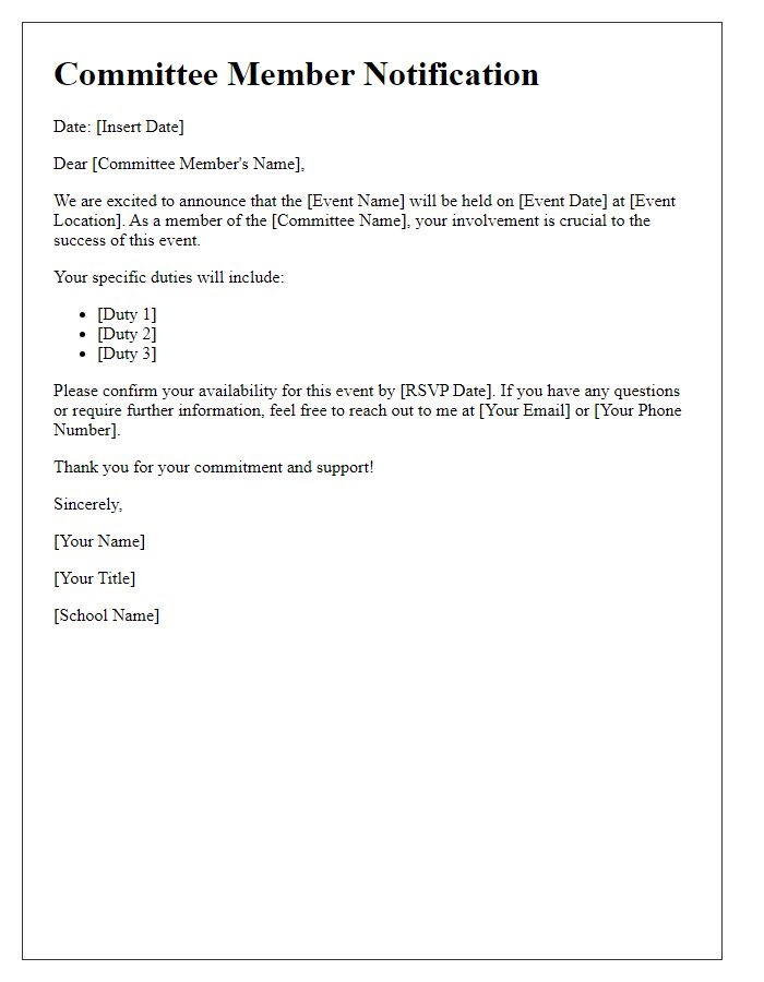 Letter template of committee member notification for school event duties.