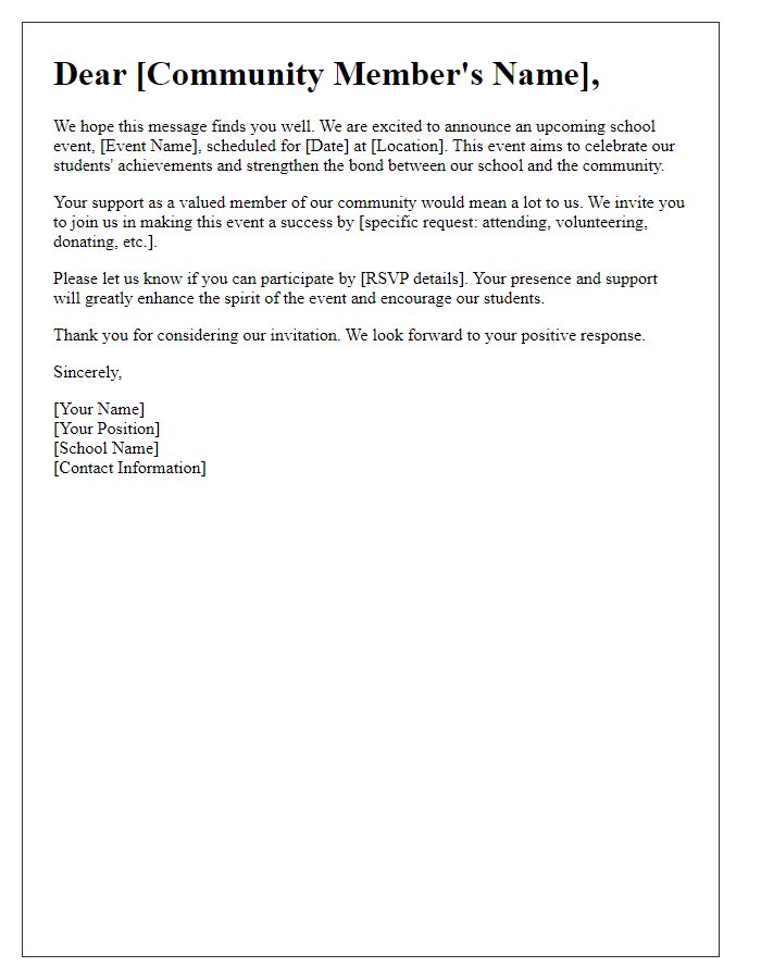 Letter template of community member invitation for school event support.