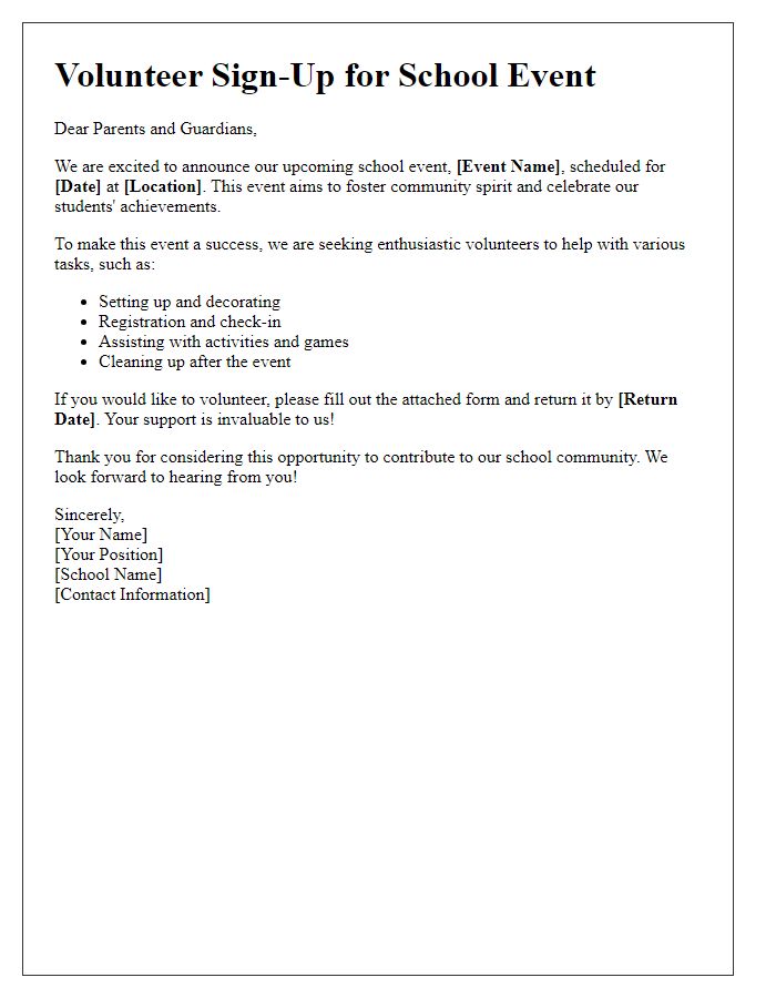 Letter template of volunteer sign-up for school event organization.