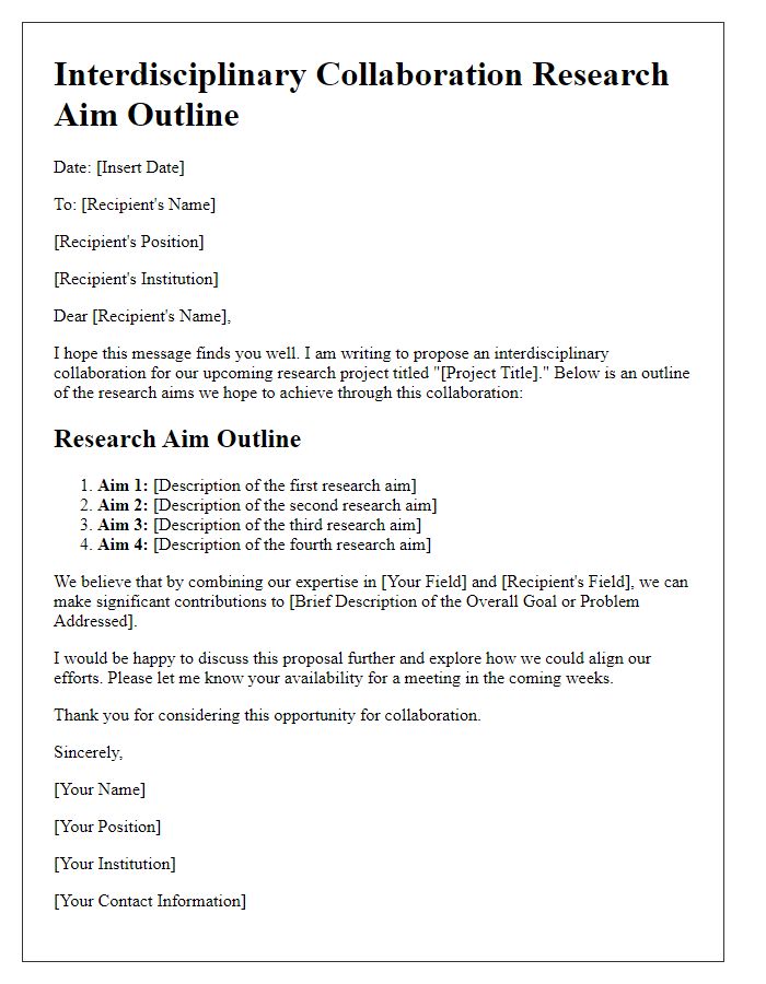 Letter template of research aim outline for interdisciplinary collaboration