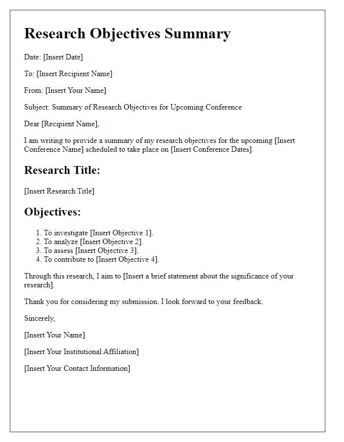 Letter template of research objectives summary for academic conference