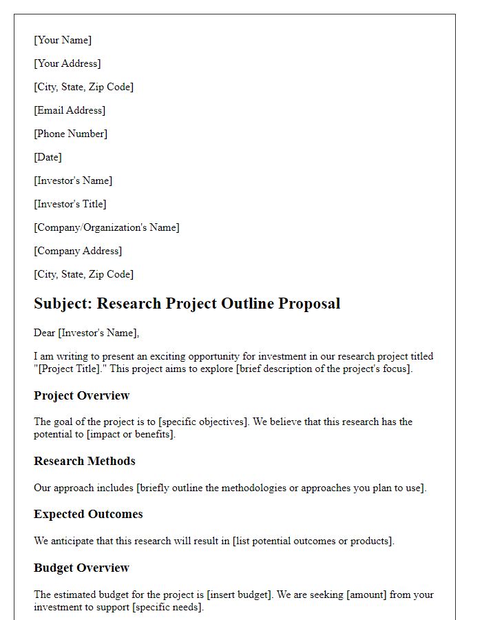 Letter template of research project outline for potential investors