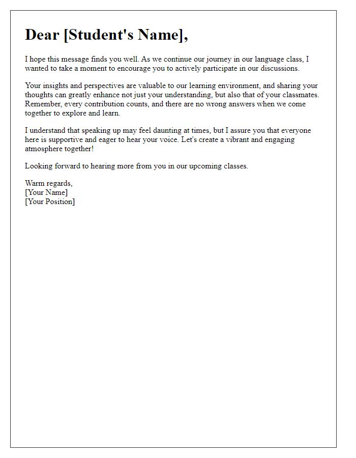 Letter template of encouraging participation in language class discussions