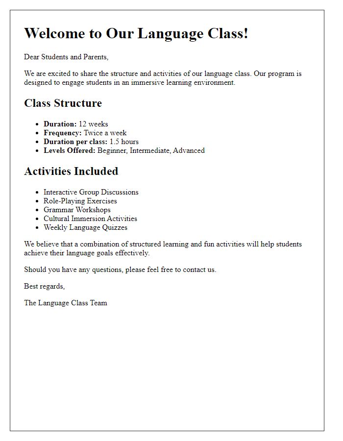 Letter template of explaining language class structure and activities