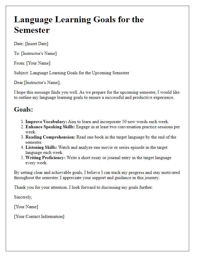 Letter template of outlining language learning goals for the semester