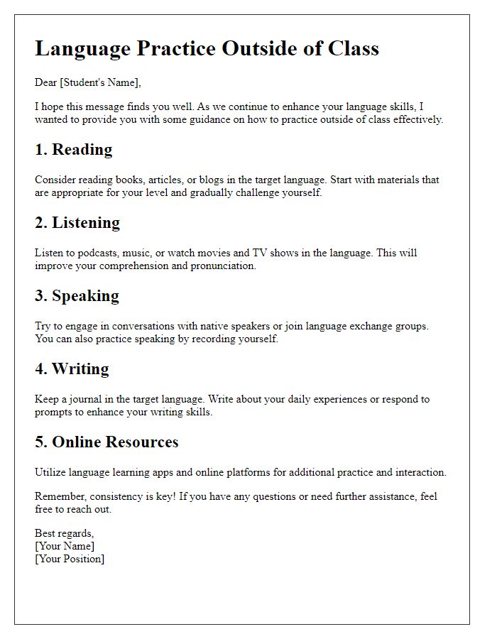 Letter template of providing guidance for language practice outside of class