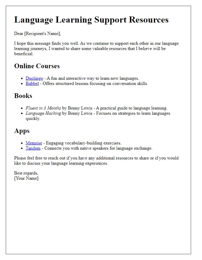 Letter template of sharing resources for language learning support