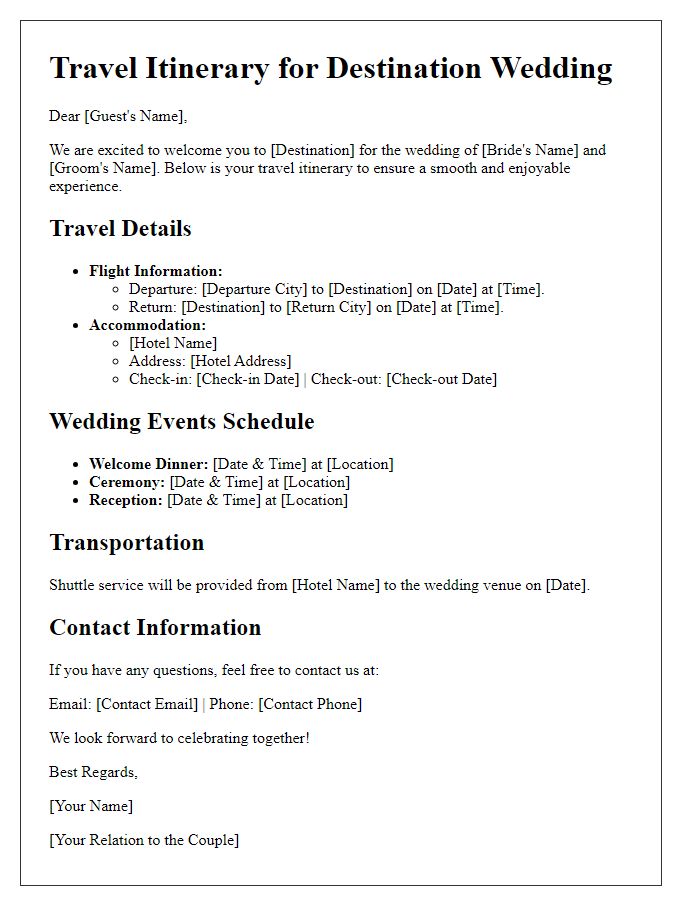 Letter template of travel itinerary briefing for a destination wedding.