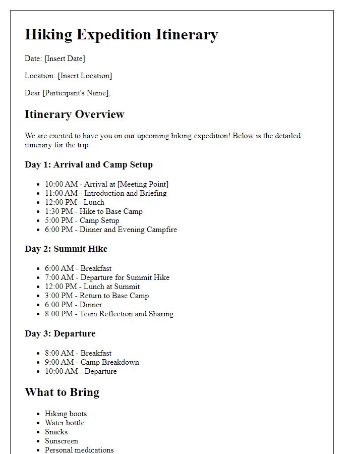 Letter template of travel itinerary description for a hiking expedition.