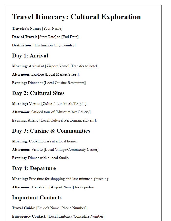 Letter template of travel itinerary framework for a cultural exploration.