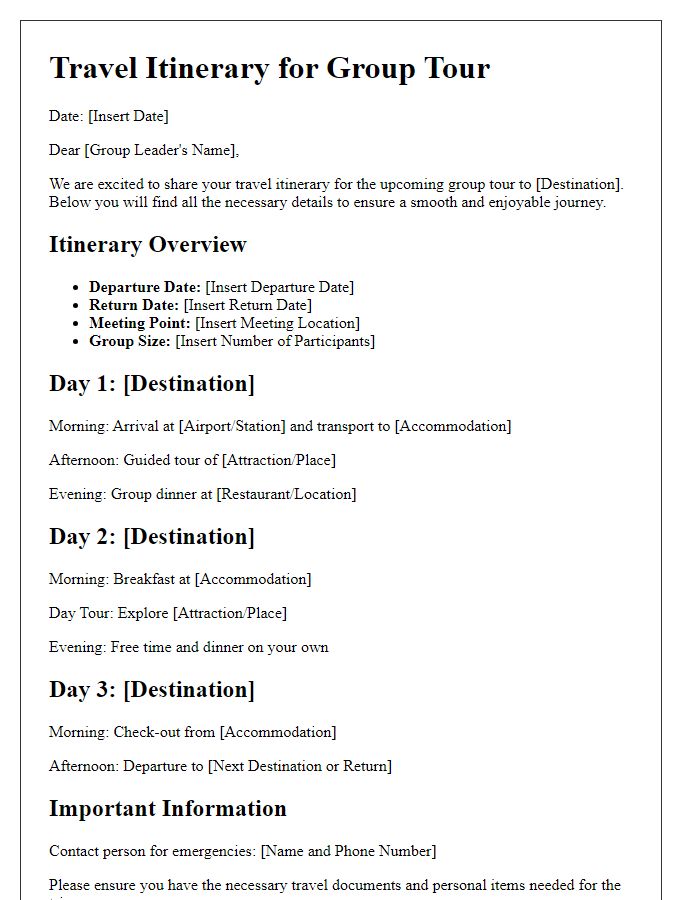 Letter template of travel itinerary guide for a group tour.