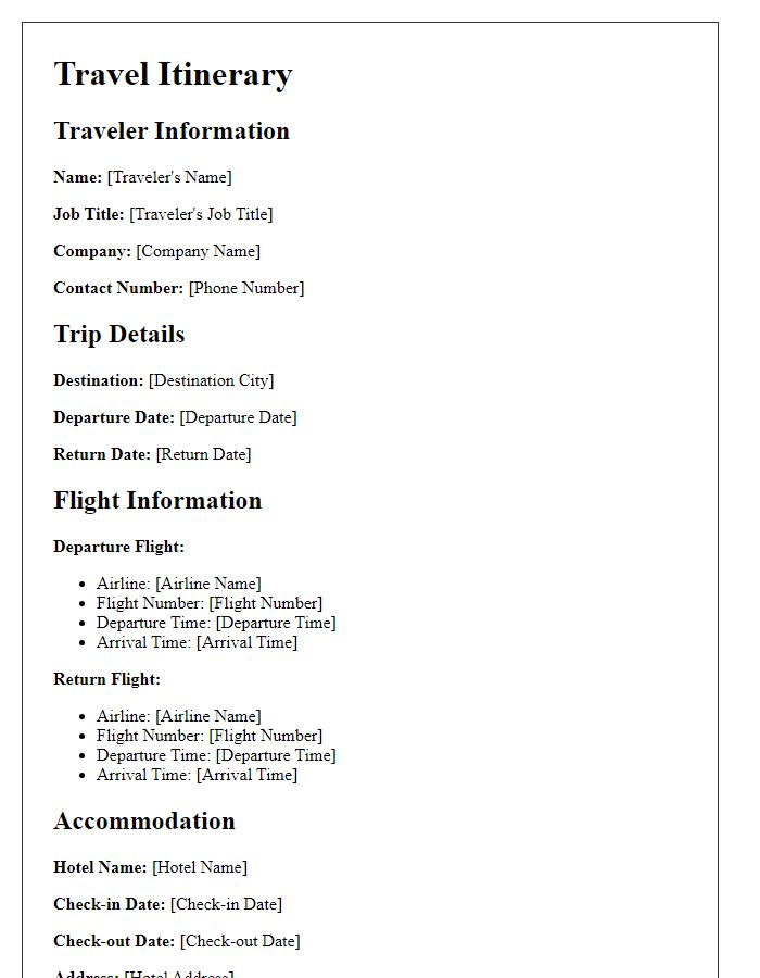 Letter template of travel itinerary outline for a business trip.