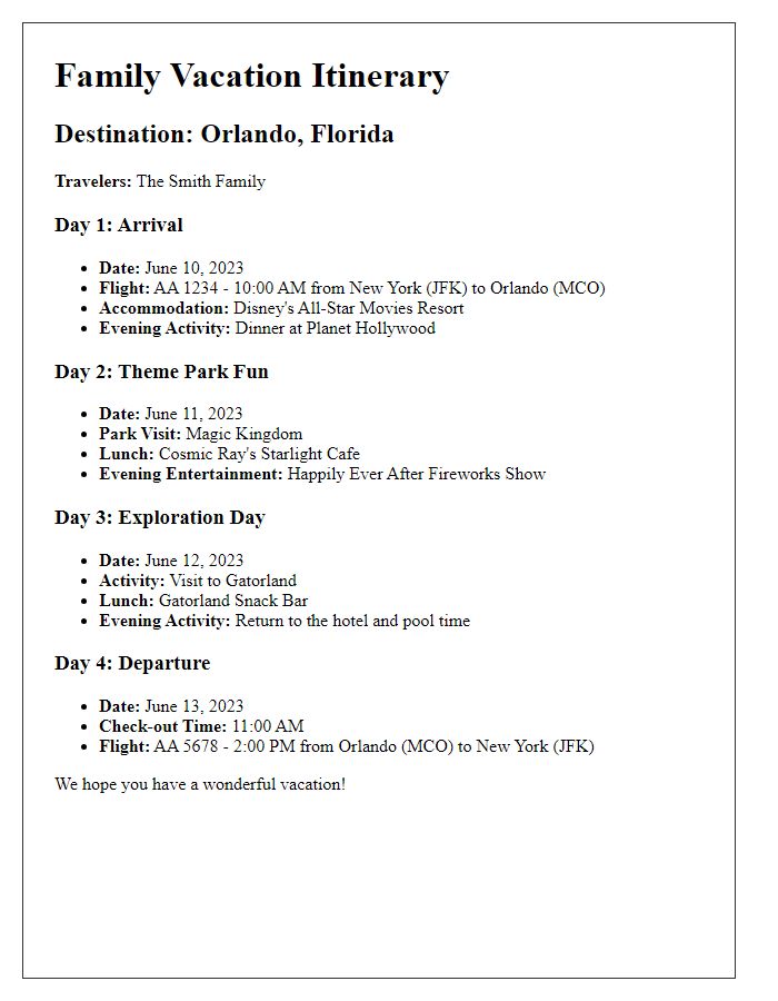 Letter template of travel itinerary overview for a family vacation.