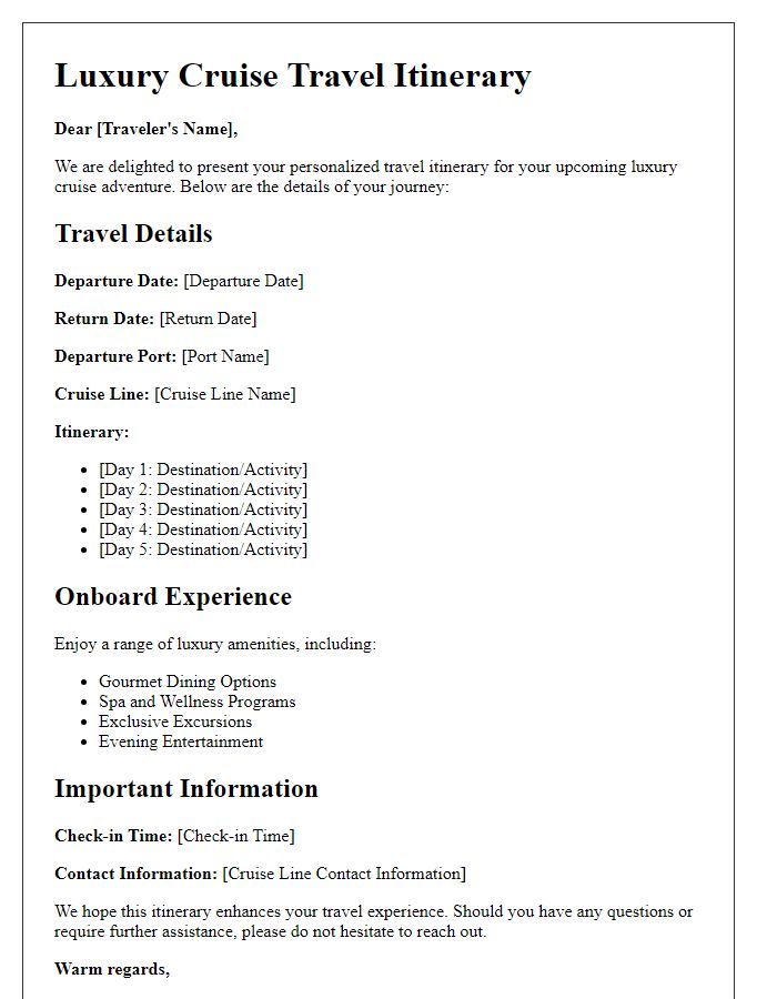 Letter template of travel itinerary plan for a luxury cruise.