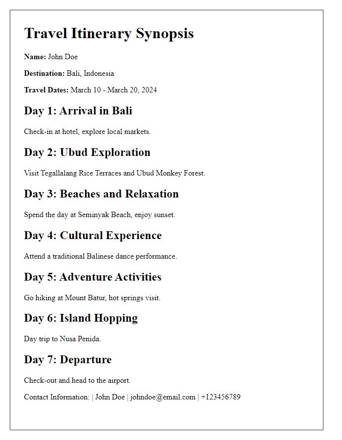 Letter template of travel itinerary synopsis for a solo adventure.