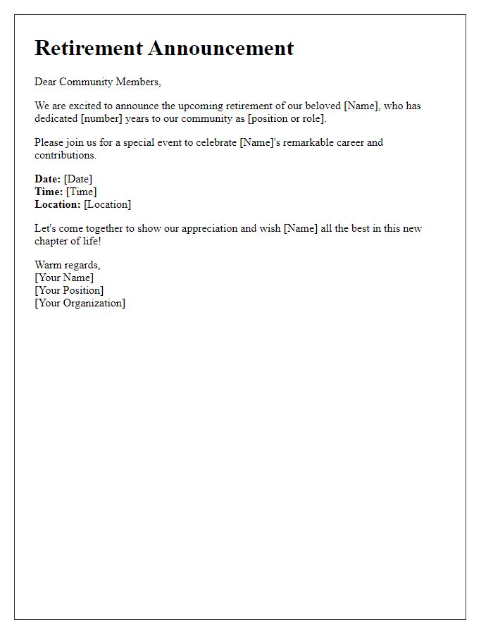 Letter template of retirement announcement for a community event