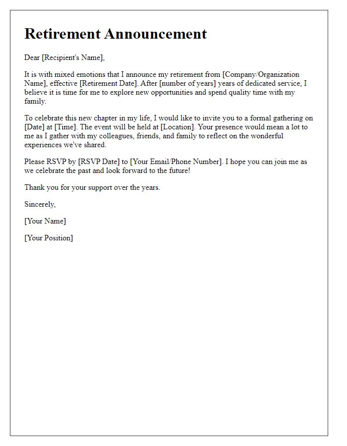 Letter template of retirement announcement for a formal gathering