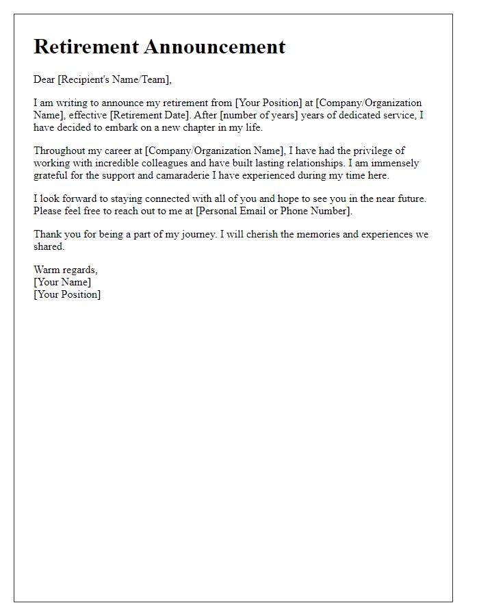 Letter template of retirement announcement for professional network