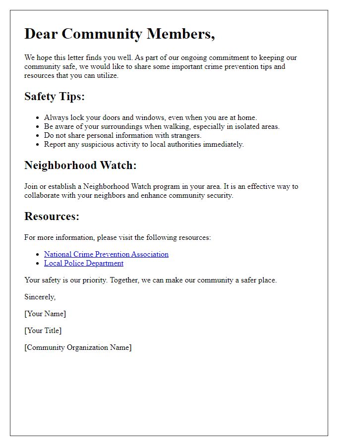 Letter template of crime prevention advice for community members