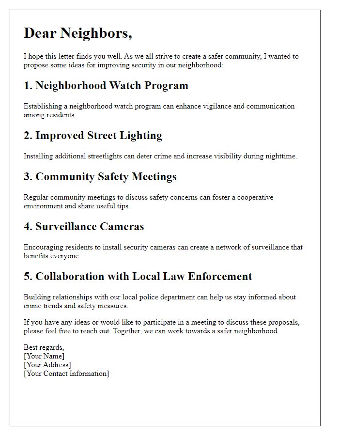 Letter template of neighborhood security improvement ideas