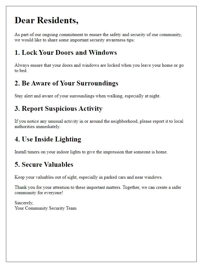 Letter template of security awareness tips for residents