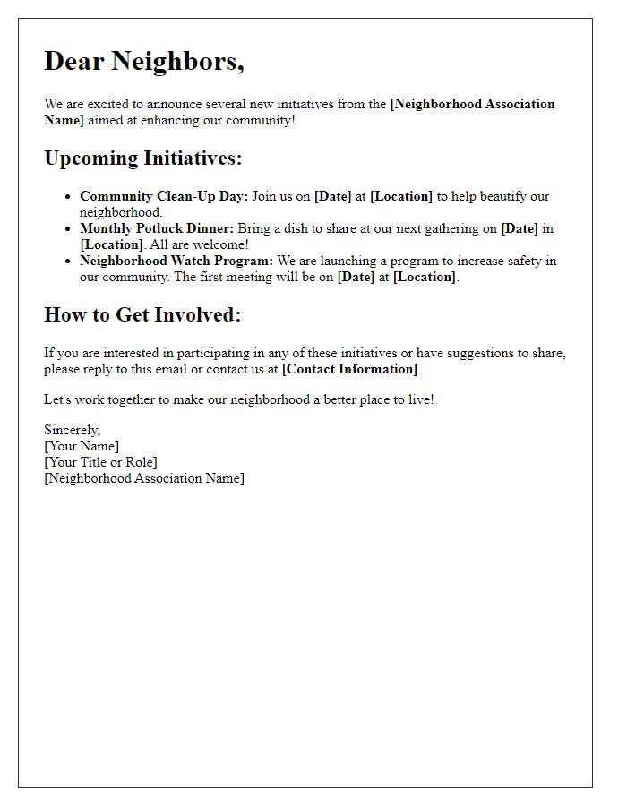 Letter template of announcement for neighborhood association initiatives