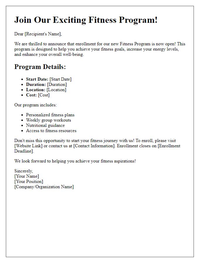 Letter template of fitness program enrollment announcement