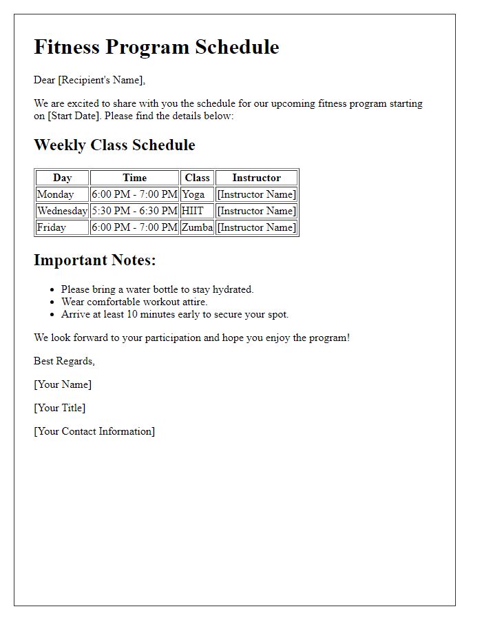 Letter template of fitness program schedule distribution