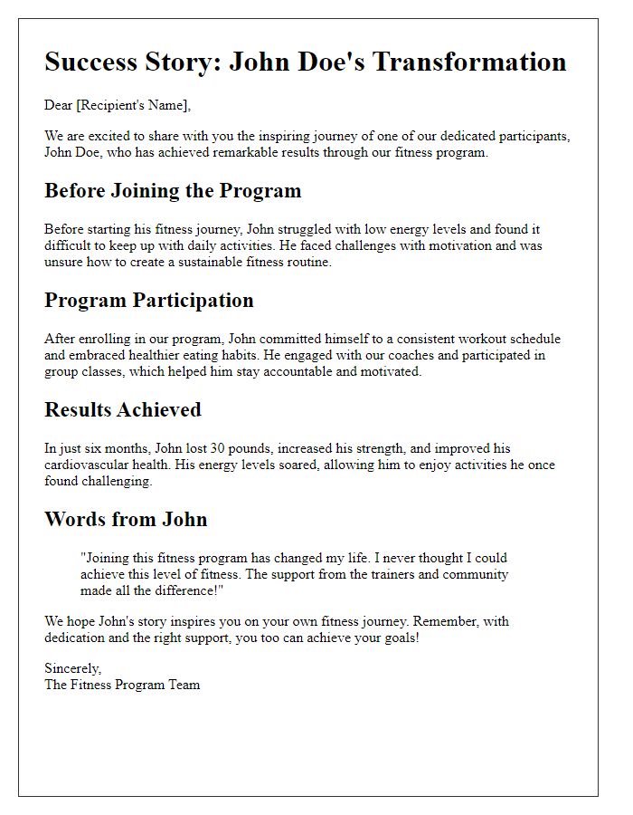 Letter template of fitness program success stories