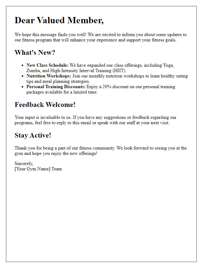 Letter template of fitness program update for existing members