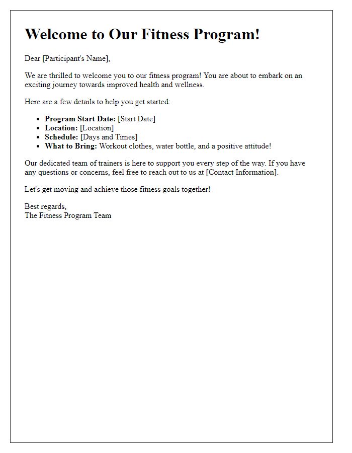 Letter template of fitness program welcome for new participants