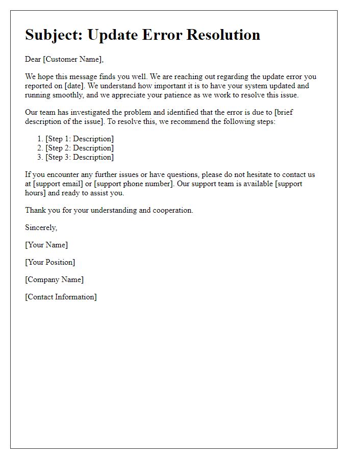 Letter template of tech support communication for update errors