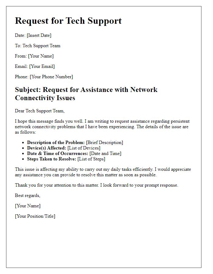 Letter template of tech support demand for network connectivity problems