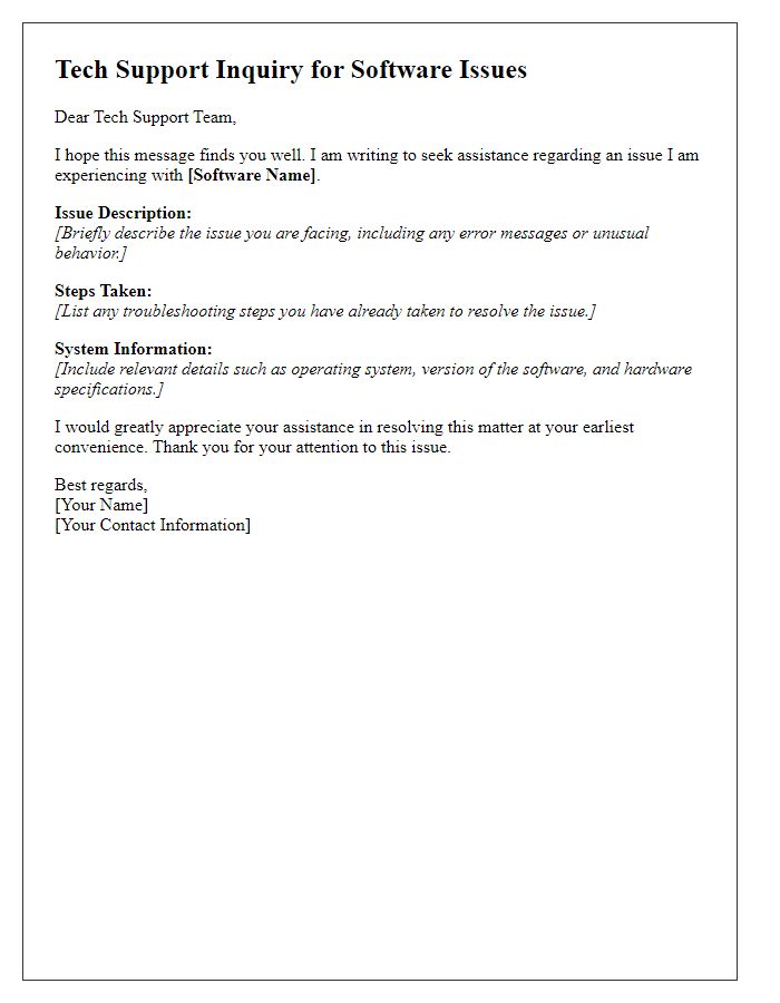 Letter template of tech support inquiry for software issues