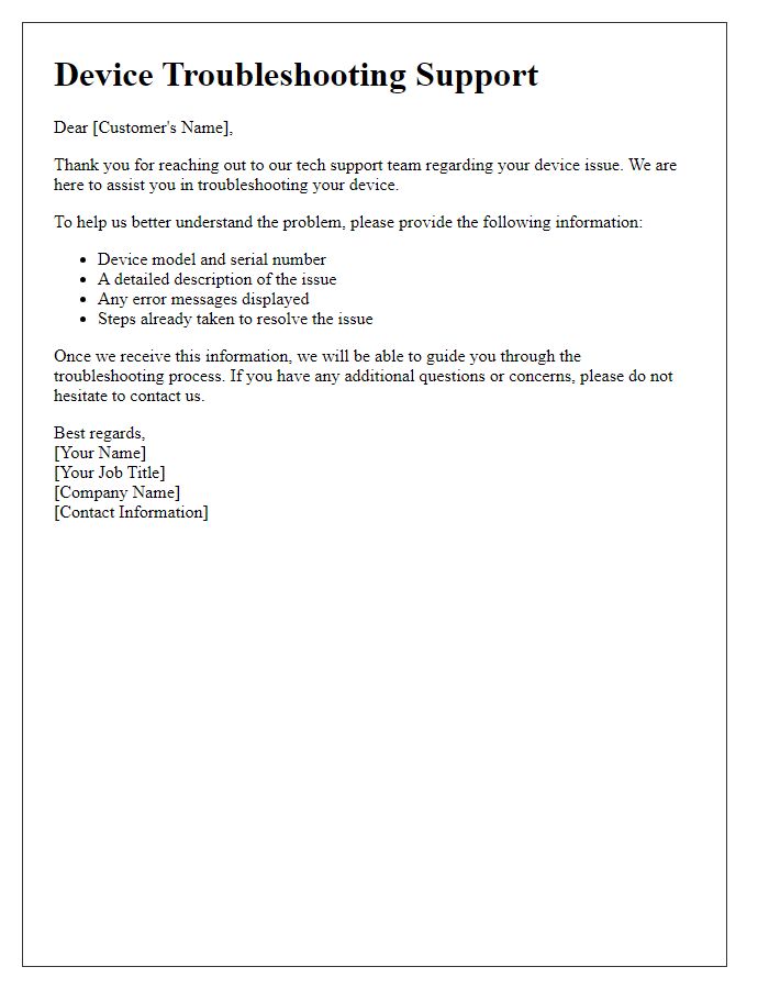 Letter template of tech support message for device troubleshooting