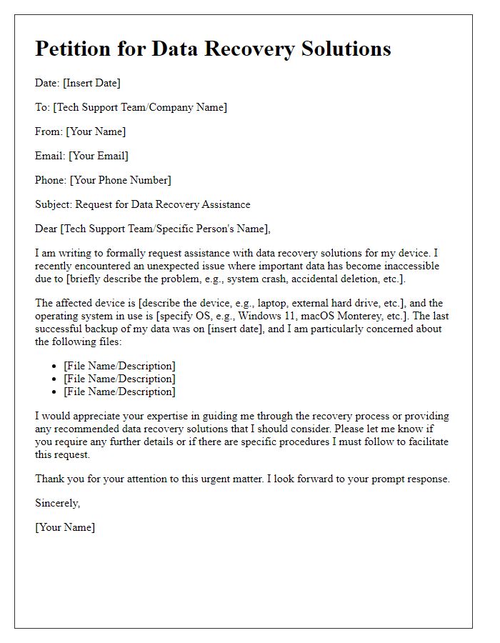 Letter template of tech support petition for data recovery solutions