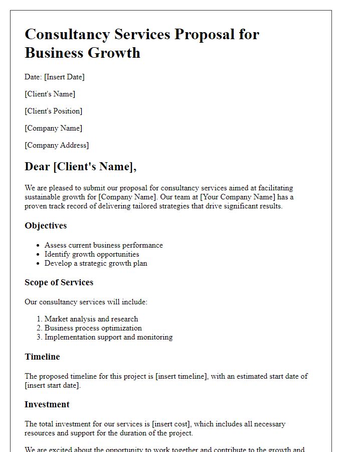 Letter template of a consultancy services proposal for business growth.