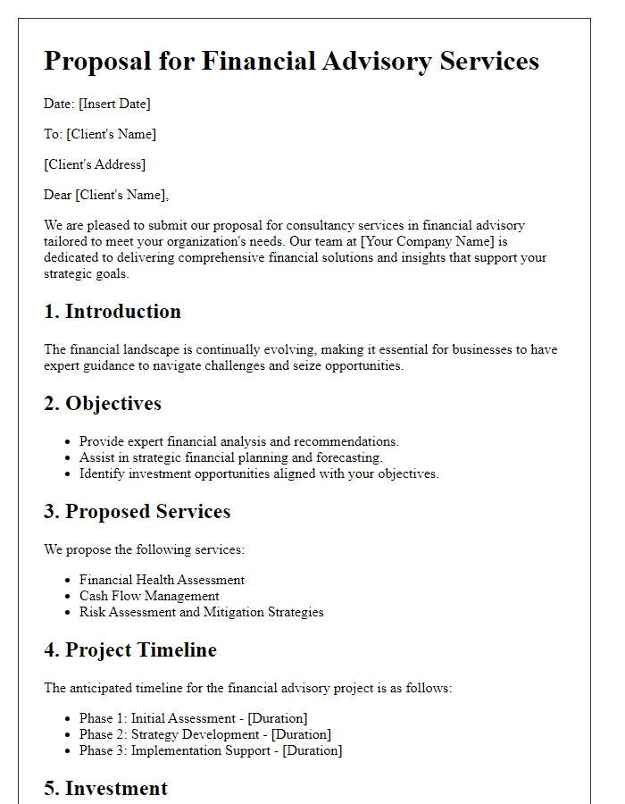 Letter template of a consultancy services proposal for financial advisory.