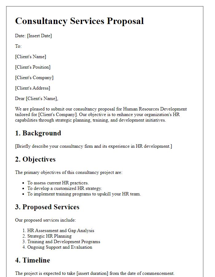 Letter template of a consultancy services proposal for human resources development.