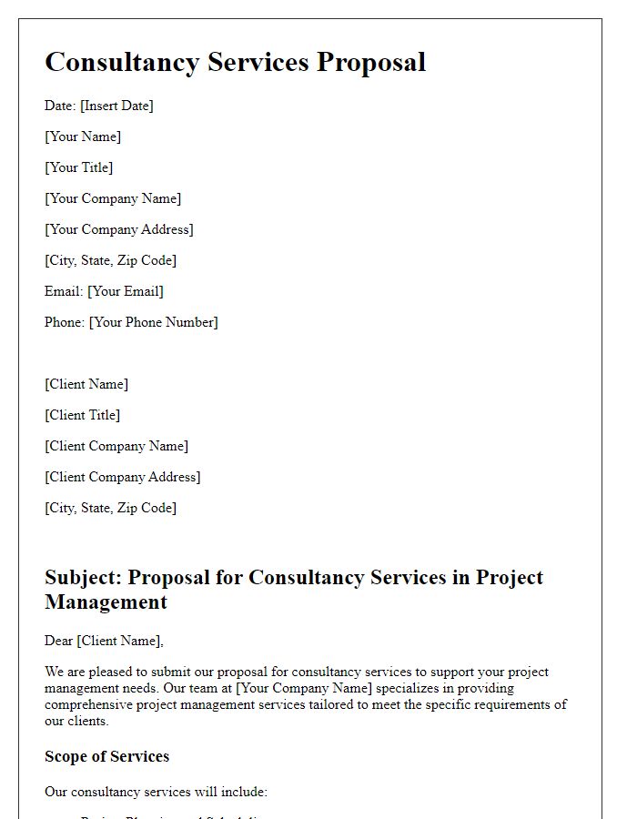 Letter template of a consultancy services proposal for project management.