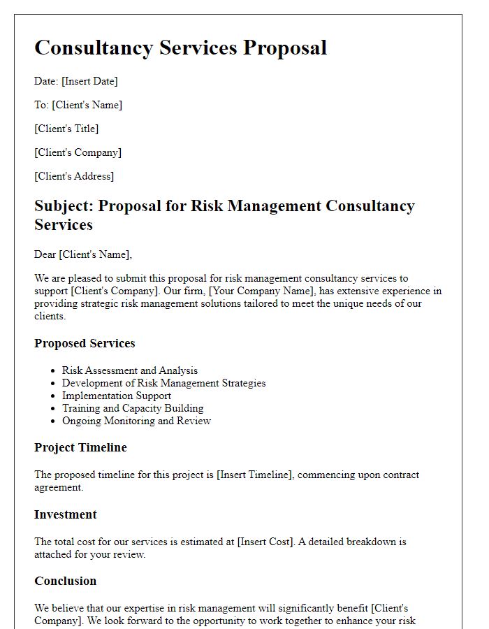 Letter template of a consultancy services proposal for risk management.