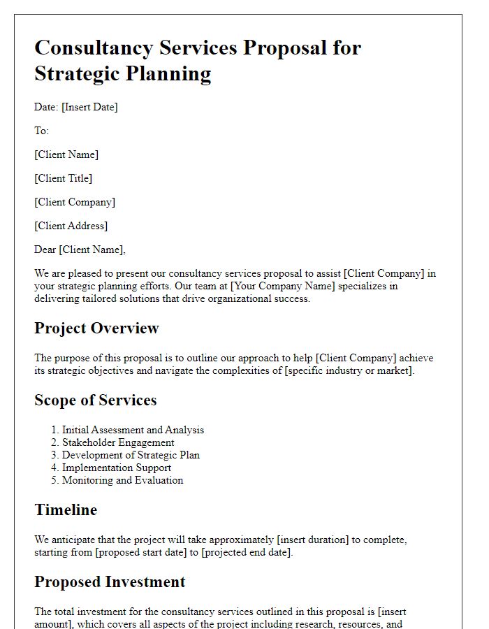 Letter template of a consultancy services proposal for strategic planning.