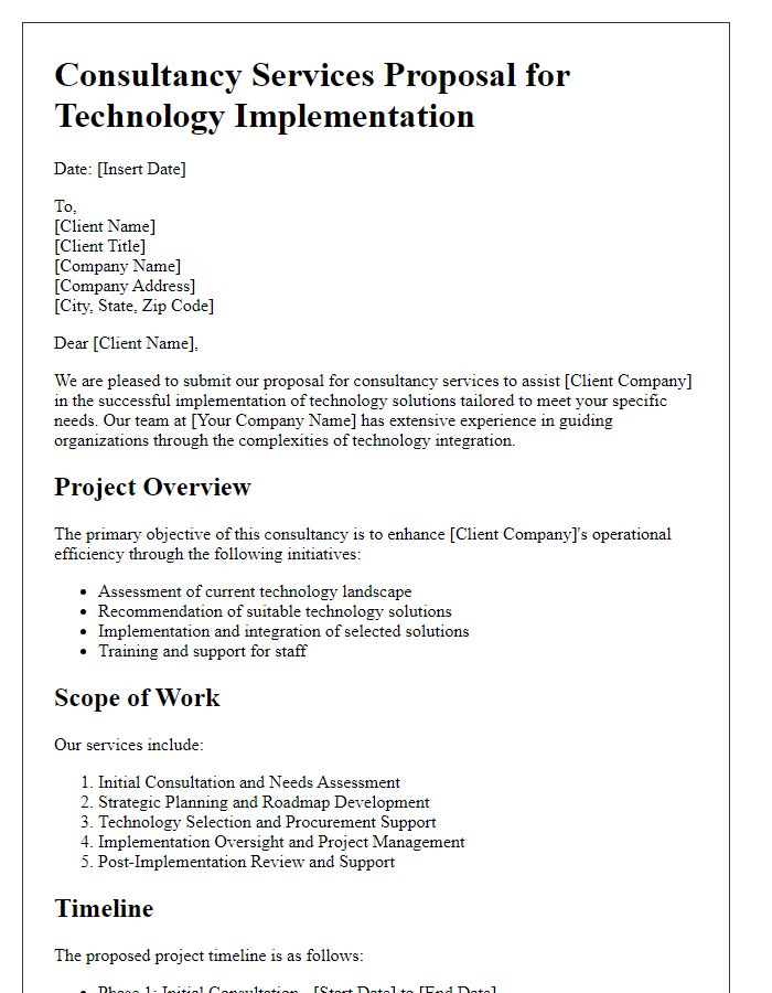 Letter template of a consultancy services proposal for technology implementation.