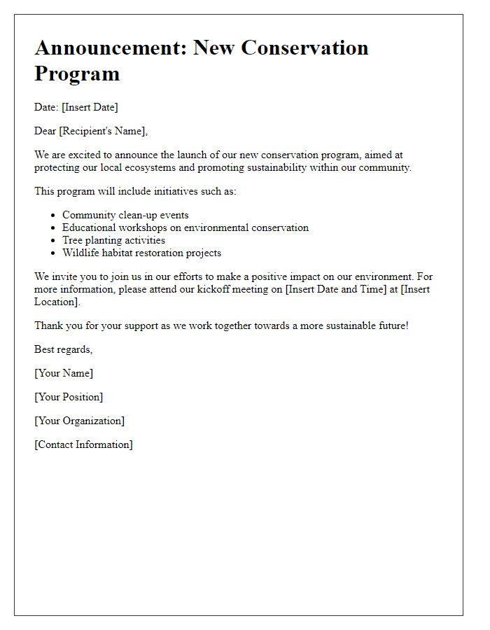 Letter template of announcement for conservation program