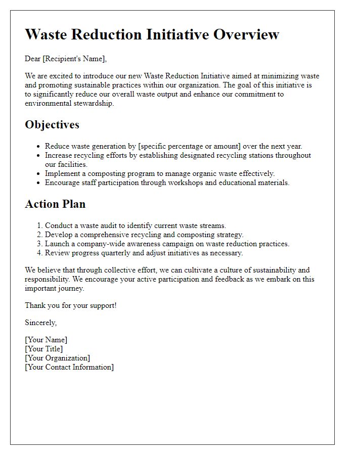 Letter template of overview for waste reduction initiative