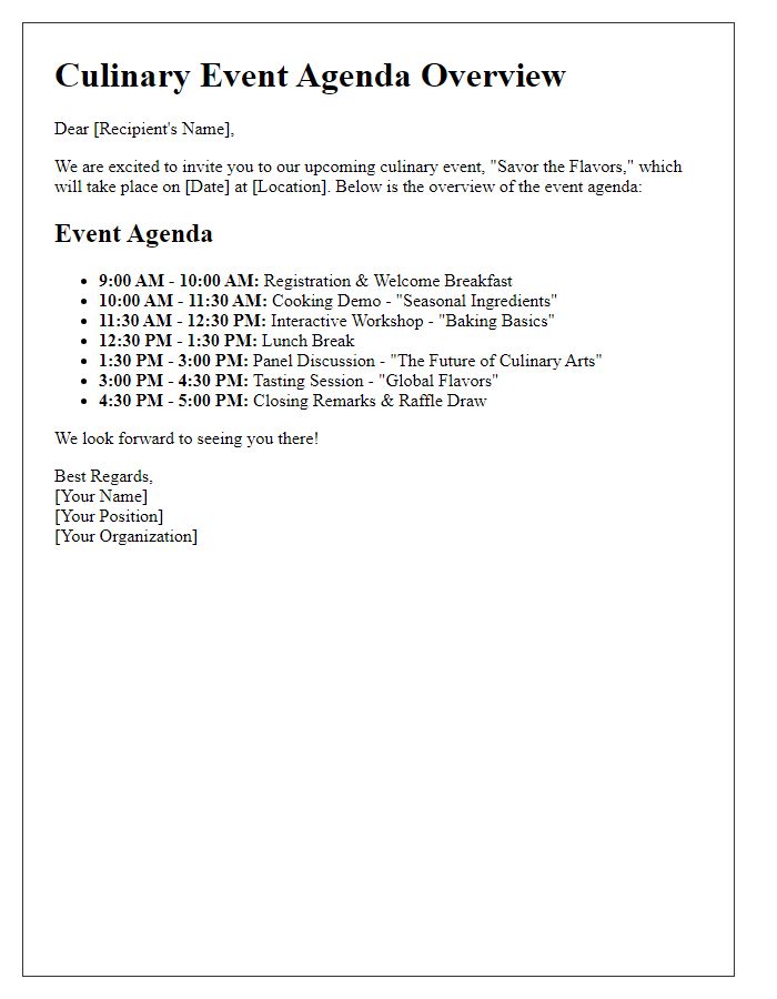 Letter template of culinary event agenda overview