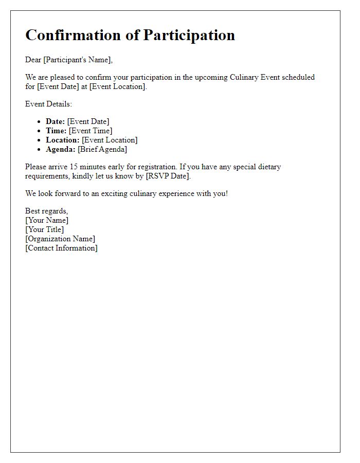 Letter template of culinary event participant confirmation